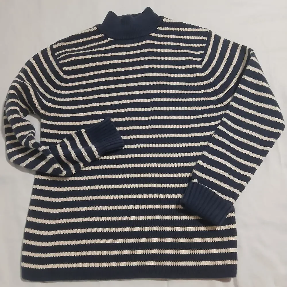 GAP Medium 100% Cotton Mock-Neck Blue/Cream Striped Tunic Sweater Ribbed Cuff